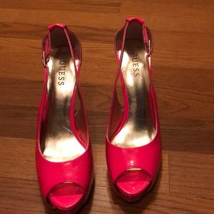 Patent hot pink peep toe heels